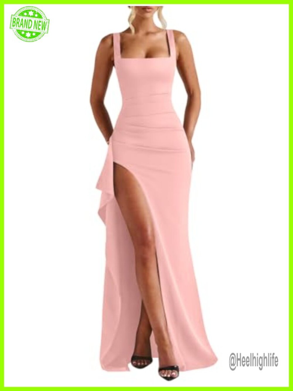Women Square Neck Sleeveless Bodycon High Split Long Formal Maxi Dress